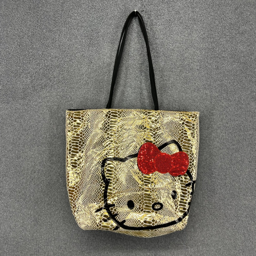 Hello Kitty Tote Bag Gold Snakeskin Sequin Bow‎ Large Shopper